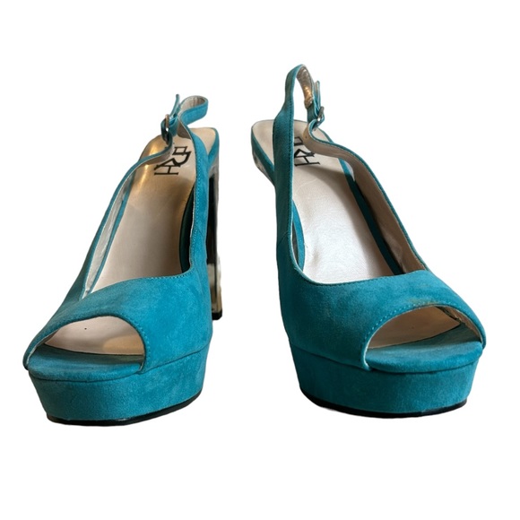 Teal Platform High Heels Size 8.5 Womens Block Heel 4.5” Faux Suede Bling Silver - Picture 7 of 13